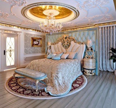 Subjects are illuminated in light with ornately detailed furniture and decor against a backdrop of deep red walls and curtains.