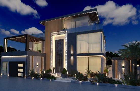 This picture shows a young woman standing in front of a large cabin with a bright yellow door and green shutters. She is wearing a navy blue dress and red sneakers, and her hands are clasped in front of her chest. She is looking up at the cabin with an expression of awe and reverence.