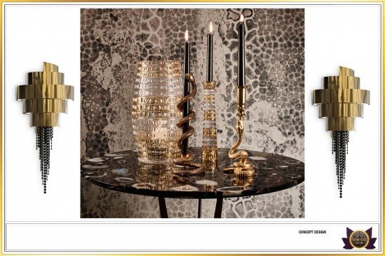 An ornate and luxurious bedroom featuring a large poster bed, tufted armchairs, a chandelier and other decorative components.