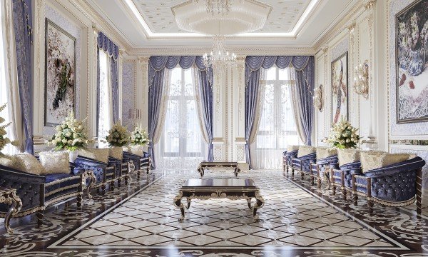 Two staircases descending from a second-story balcony with a wrought iron railing, leading to a marble floor.