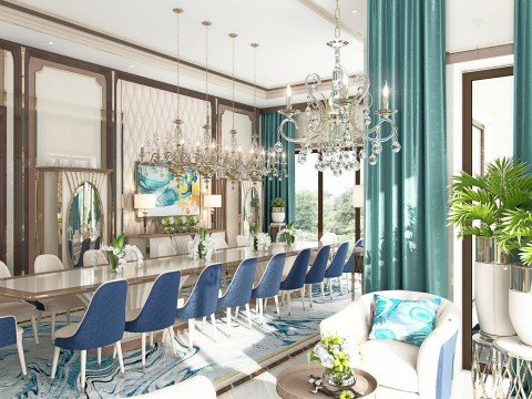 A modern living room featuring beige upholstered furniture, a wall-mounted television, espresso-colored cabinetry, and an area rug.