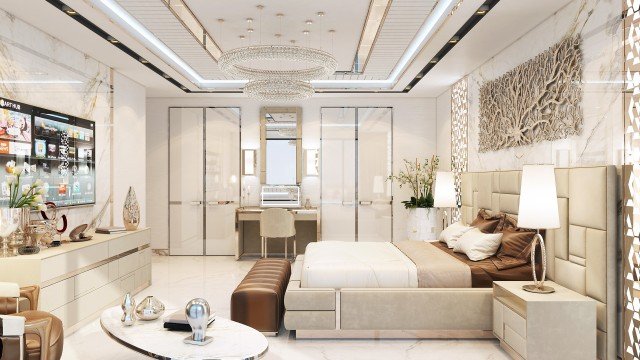 This picture shows a modern living room design with bold, geometric patterns and colors. The blue sofa and armchair offer comfortable seating for up to four people. A large wall art piece hangs over the television, adding a unique touch. The black and white rug ties all the colors together and provides a focal point to the room. An accent wall behind the couch is painted with a gray tone, which helps create an inviting atmosphere.