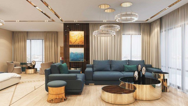 This picture is a rendered image of an ornate ornamental ceiling in a richly decorated interior space. The ceiling features a detailed pattern of intricate scrollwork and floral designs, with a center dome surrounded by arched balconies and deep pendant lights. The walls are also elaborately decorated with detailed carved wood molding and inlays of colorful gemstones and other materials.