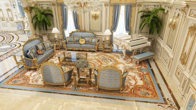 A living room interior featuring a white sofa with blue, green, and pink throw pillows, a plant in a corner, an illuminated wall paneling, and a glass-top coffee table.