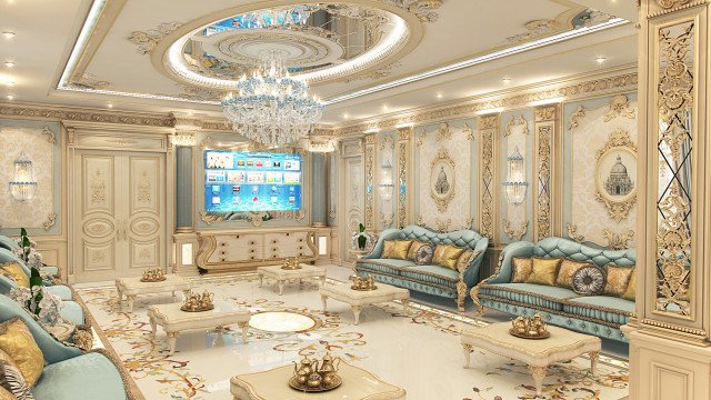 Large, luxurious chandelier in a contemporary-style room with ornate marble walls and wood floor.