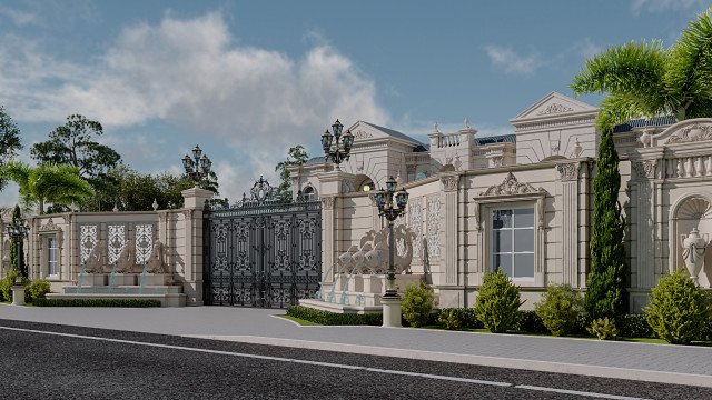 This picture shows a modern luxury interior design done by Antonovich Design. The room includes an ornate beige accent wall with a bold geometric pattern, a stylish electric fireplace, a beige and black tufted velvet sectional sofa, two dark grey armchairs, a black and gold accent table, several ornamental light fixtures, and marble floor tiles.