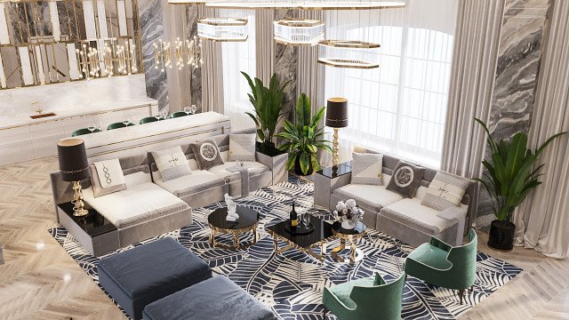 This picture shows an elegantly designed living room. The furniture is in a modern design, featuring a cream-colored leather sofa, with two armchairs and a glass coffee table. There is a large area rug in the center of the room, which creates a warm, inviting feeling. The walls are painted a light shade of gray, which contrasts nicely with the white ceiling and dark wood trim. The windows are framed by sheer curtains and there is a recessed lighting fixture. Finally, there is a stylish piece of artwork above the sofa that adds a unique touch.
