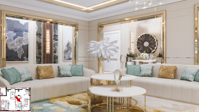 Modern luxury master bedroom featuring a large four-poster bed, white and gold wall mural, and ornate beige area rug.