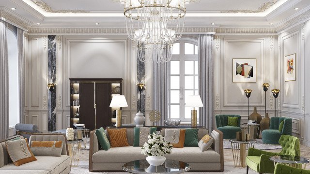 Large contemporary bedroom featuring a blue ottoman, white couch, and accent wall with decorative floral mural.