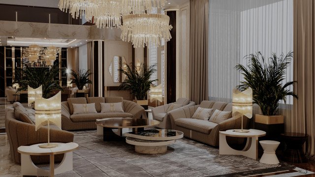 This picture shows a large, modern, and luxurious living room. It features a white sofa with light wood accents and two armchairs situated around a coffee table. The walls are cream-colored, and there are several art pieces on the walls. There is a fireplace along one wall, and floor-to-ceiling windows at the opposite wall overlooking a garden area. Large potted plants add an extra touch of nature to the room.