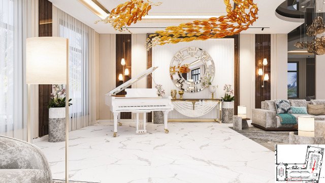 Interior space with marble floor and walls, cream colored furniture, chandelier, and window with drapery.