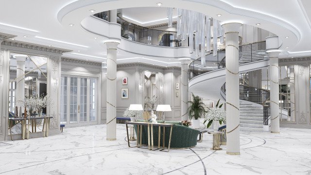 The picture shows a luxurious living room designed by Antonovich Design. The room has a gold and white theme, with plush white couches and a large chandelier in the center of the space. There are glass walls that look out onto a balcony, and the walls are adorned with intricate black and gold wallpaper. A grand piano and a glass coffee table complete the look.