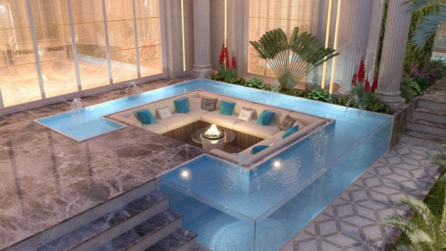 A modern bedroom with wood-paneled walls, a bright white ceiling, and modern furniture pieces in neutral tones.