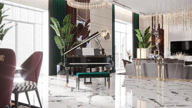 A grand, modern and luxurious dining room with a palatial chandelier, ornate gold and cream walls, marble flooring and high ceiling.