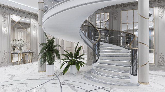 Centrally located bed unit in an opulent bedroom featuring intricately patterned walls, marble flooring, a crystal chandelier, and stately furniture.