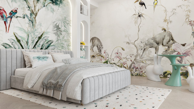 A contemporary living room with a minimalistic white palette, featuring a sectional sofa, a decorative area rug and wall artwork.