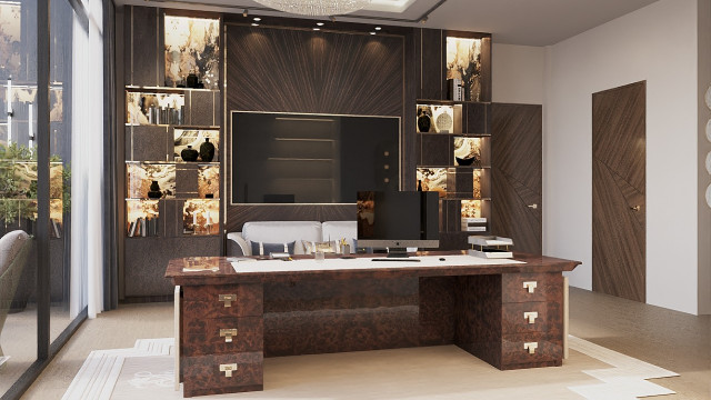 This picture shows a modern bedroom design with a minimalistic style. The walls are painted a light beige color and the carpet is a deep gray color. There is one bed with a dark wood headboard, two nightstands on either side, and a stylish glass coffee table in the middle. On the wall above the bed are two large pieces of artwork hanging from simple black frames. The overall design is simplistic and stylish, making this a perfect cozy bedroom for relaxation.