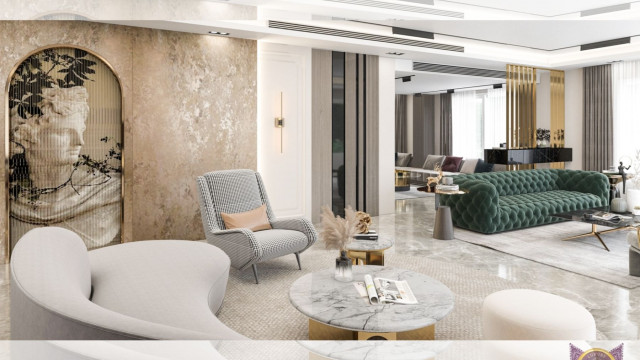 Modern white hallway featuring a custom patterned marble floor, beige ceiling and walls, and a statement chandelier.