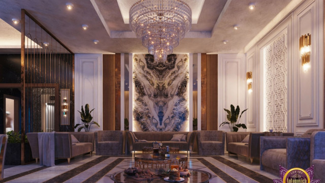 Modern room with curved sofa, rug, and wall cladding featuring a circular accent.