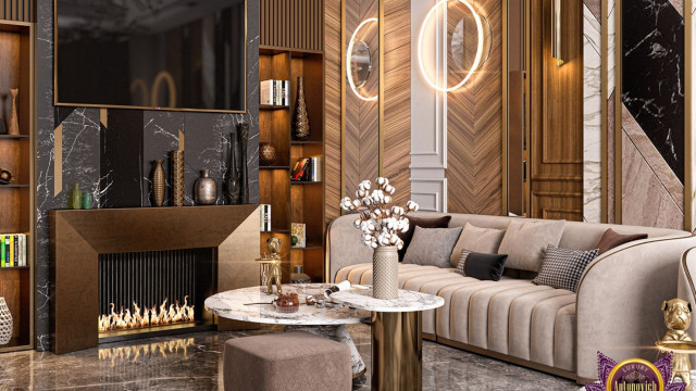 This picture shows a modern luxury bathroom designed by Antonovich Design. The room features marble walls and flooring, a freestanding soaking tub, a luxurious glass-enclosed shower with multiple rain shower heads, his and hers washbasins, and a separate makeup area with elegant gold fixtures. There are also luxurious details, such as a crystal chandelier and statement artwork above the bathtub.