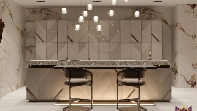 This picture is of a modern contemporary living room in shades of white and beige. There is a large white leather sofa situated in the middle of the room with matching accent chairs lined up on either side. A white fur rug is laid out in the center of the room, with an intricate dark wood coffee table in the center. The walls are mostly white but there are also some wall accents in black and beige. On the far wall is a large flat-screen television mounted on the wall with a modern fireplace beneath it. Soft lighting fixtures are spread throughout the room, with tall plant