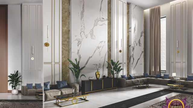 A luxurious living room featuring a contemporary fireplace with surrounding furniture, accented with traditional upholstery and wallpaper.