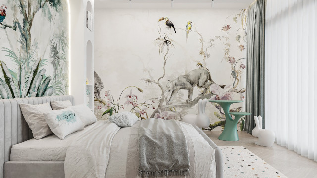 The picture shows a modern living room with a curved sofa, an armchair, and two abstract art pieces on the wall. The walls and furniture are decorated in neutral colors, with a few shades of brown and white, creating a warm and inviting atmosphere. On the wall opposite the sofa is a large window covered by sheer curtains, providing plenty of natural light.