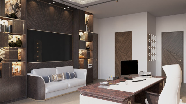 A large, open room featuring minimalist modern decor. The walls and floor are of varying light neutrals. There are built-in custom cabinetry units along one wall and bi-folding doors leading to a balcony across the room.