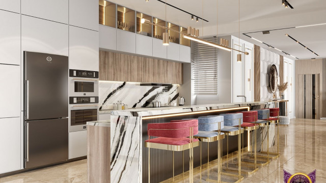 In this picture, there is a large living room with wooden floors, two comfortable armchairs upholstered in beige fabric, and a low square wooden coffee table. The walls are painted in a light beige color with white accents around the window that helps to create an elegant, modern atmosphere. In the background, there is an abstract painting on the wall that adds a touch of color to the room. A glass chandelier hangs from the ceiling to complete the look.