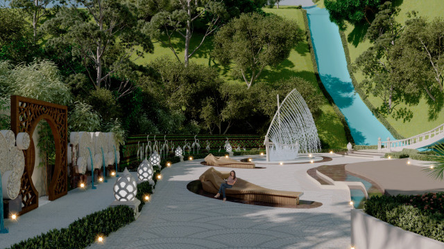 A modern interior with a combination of natural wood elements, white walls and furniture, and an elegant marble floor.