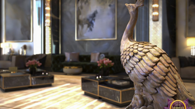 This picture shows an opulent bedroom with a luxurious bed, draped in a rich velvet canopy, opposite a stunning crystal chandelier. The walls are adorned with ornate golden sconces, flanked by stunning rose wallpaper, and the floor is covered in a plush fur rug. The room has a warm, romantic ambiance.