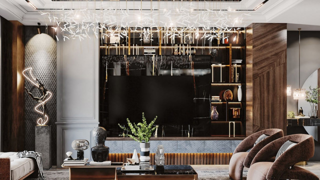 Luxurious interior with modern furniture, intricate wallpaper and golden accents.