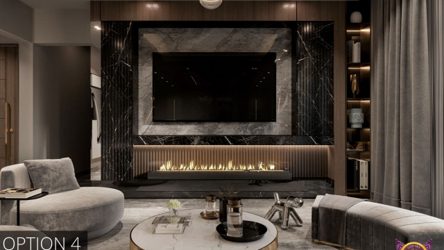 This picture shows a luxurious living room. The walls are an opulent beige color with gold accents, and the floor is a marble tile set in a diamond pattern. A large chandelier hangs from the ceiling, and the furniture is classic and regal, featuring rich fabrics and decorative details. Large windows let in plenty of natural light, and there is a small area rug to add color and texture.