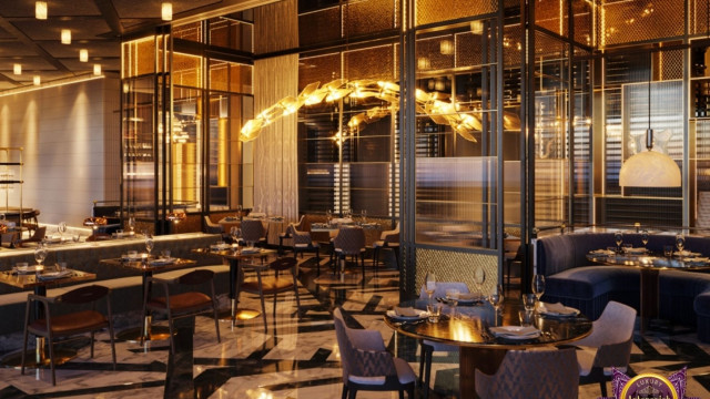 This picture shows an ornately designed entryway with a grand staircase. The staircase is detailed with a curved wooden balustrade, tiled steps, and large marble pillars on either side. On top of the columns are decorative urns and four sconces. Above the entrance are two large arched windows draped with curtains and connected by a patterned architrave.