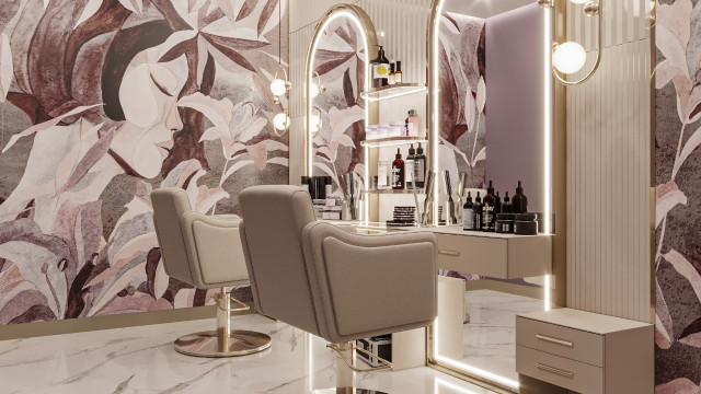 This picture is of a large, elaborately designed living room. It has a white marble floor and ornate golden accents on the walls and furniture. There are multiple luxurious couches, along with matching armchairs and ottomans. The ceiling has a grand chandelier and two additional lamps to soften the light. On the far side of the room, there is a modern fireplace and a large framed painting above it.