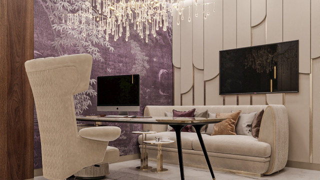 This picture shows an ornate and luxurious interior design. It features a stunning staircase with intricately carved columns and railings, a crystal chandelier hanging from the ceiling, and a grand piano in the corner. The walls and floor are covered with intricate patterns and mosaics. Other custom-made decorations such as sculptures and wall art can be seen throughout the room.