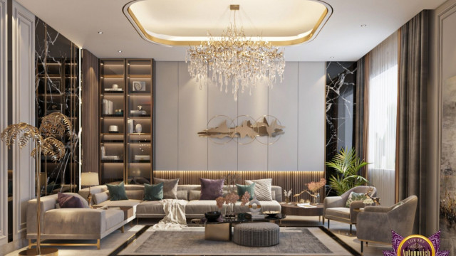 This picture shows an ultra-modern and luxurious bedroom design concept. The walls feature a unique patterned wallpaper, while sleek, black furniture pieces and silver accents add to the contemporary feel of the room. The bed is upholstered in a bright yellow fabric and is complemented by a white and silver nightstand. A stunning piece of modern art hangs above the bed, adding to the room's chic vibe.