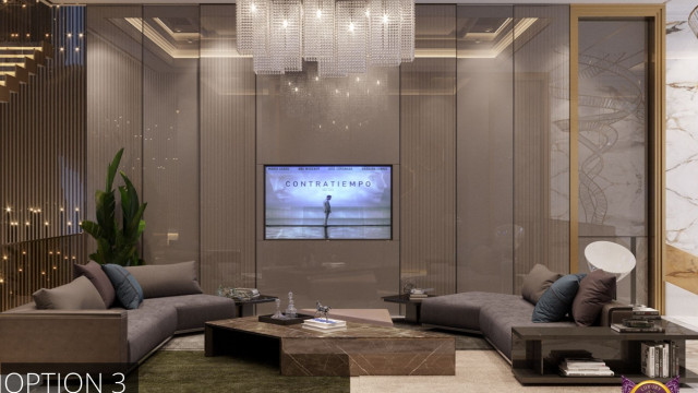 Modern kitchen with minimalist design features including white countertops, white cabinetry, and a unique tile backsplash.