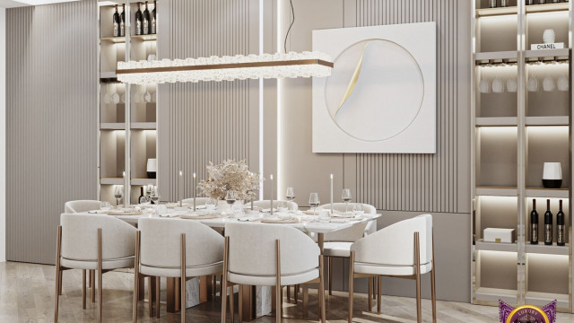 This picture is of a luxurious contemporary bedroom designed by Antonovich Design. It features a king-size bed with a sculpted headboard upholstered in matching white leather, a large tufted bench at the foot of the bed, elegant night tables with modern lamps, and walls lined with floor-to-ceiling mirrored panels. The headboard wall is also adorned with an oversized abstract painting in beige and white, adding a touch of color to the otherwise neutral room. The plush carpeting and light fixtures add a touch of glamour to the space.