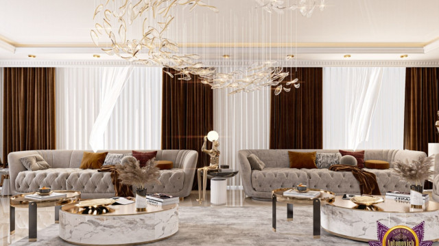 A stylish, modern living room featuring an elegant couch, two armchairs, a coffee table, and an ornate sideboard.