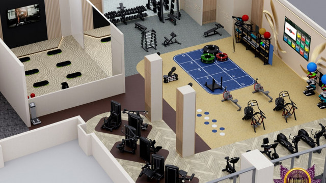 This picture shows a modern, contemporary living room design. It features a white sofa with yellow throw pillows, a matching yellow chair, and a white and black area rug. The walls are painted a light blue-gray color, and the floor is covered in white tile. An abstract metal sculpture hangs on the wall, and there is a round black coffee table in the center of the room.