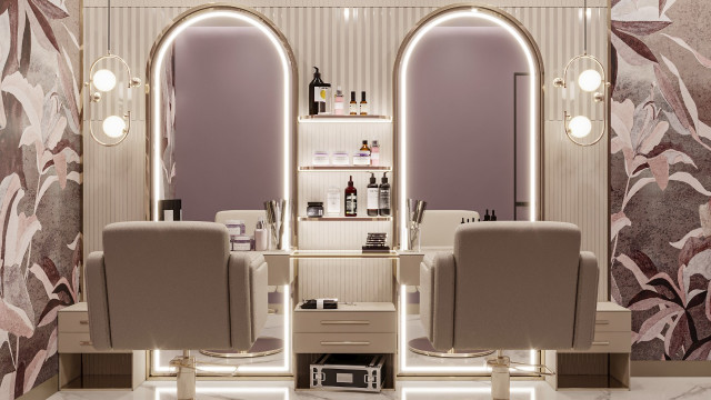 The picture shows a modern, minimalist bathroom. It features a sleek freestanding bathtub surrounded by large windows and a wood deck area. The walls are covered in marble tiles with a natural wood trim and the floor is tiled with geometric patterns. The fixtures are all chrome, adding to the contemporary feel of the room. There is a walk-in shower with a glass enclosure, and several recessed lights that provide ample lighting. A hand-painted abstract canvas hangs on one wall, giving the space an extra artistic touch.