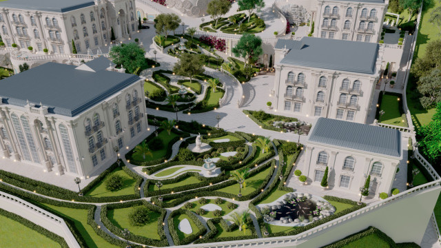 This picture shows an elegant dining room with a luxurious dark wood dining table and chairs, decorated with a modern centerpiece. The walls are filled with artful wall hangings and the floor is covered with a light-colored carpet. The room also features glass doors that open up to a lush outdoor patio with a view of a beautiful garden beyond.