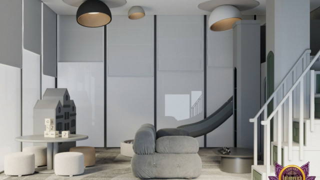 The picture shows a modern, contemporary living room design with a large, plush L-shaped sofa set in the center. The elements in the design are arranged in a balanced and symmetrical fashion with two matching arm chairs on either side of the sofa and a glass coffee table in the center. The walls are painted in a light gray color with several abstract art pieces in vibrant colors hung around the room. The flooring is wooden parquet and there are several potted plants scattered around.