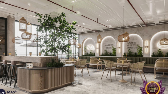 The image depicts a modern interior with a seating area comprising of a three-seater sofa and two armchairs, all upholstered in an olive green fabric. The focal point of the space is a large white marble coffee table complemented by a round wall-mounted mirror and two abstract paintings.