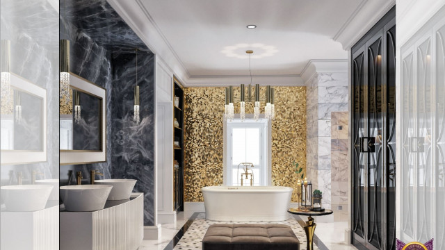 Two people standing in an ornately decorated room, with a large window overlooking an outdoor area. The floor is made from black marble, with intricate designs on the walls and furniture.