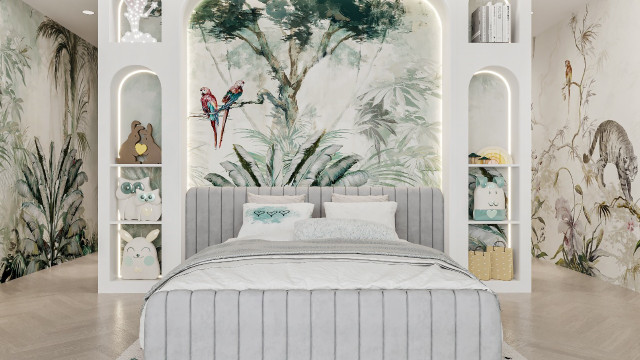 Modern interior of a room featuring a brown sofa, various side tables, an ornate mirror, and an abstract painting on the wall.