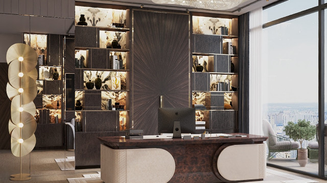 This picture shows a modern bedroom designed by Antonovich Design. The room features contemporary and minimalist decor, with white walls and light gray accents. There is a large bed with a black headboard and a white duvet, as well as two white nightstands on either side. A door in the middle of the wall opens up to a balcony with a view of the outside. On the right side of the room, there is a desk and chair, with a wall-mounted TV in the corner. Artwork hangs on the wall above the desk, and a set of windows bring in