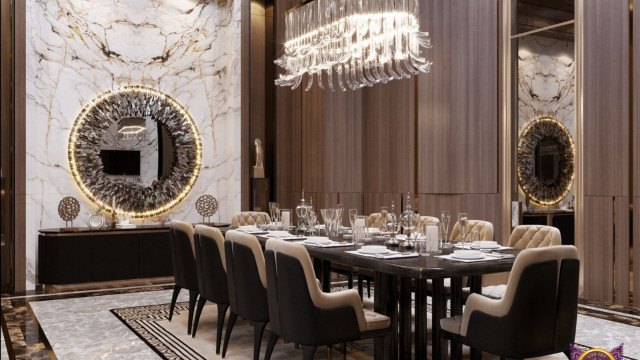 A modern interior featuring a white sofa, lounge chairs with a purple and green floral design, an abstract work of art on the wall, and a grey and tan luxury area rug.