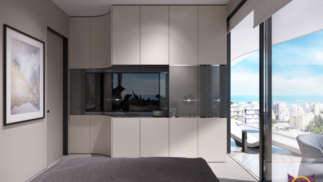 This picture appears to be an interior design. It shows a stunningly decorated living room with many modern and luxurious elements. The walls are painted in a soft shade of grey, and the high ceilings are decorated with intricate ceiling moldings. There is an intricately-patterned carpet on the floor, and a luxurious round sofa upholstered in white velvet fabric is centered in the room with two large cushioned armchairs on each side. There is also a grand piano with a white marble top and a glass coffee table with a crystal centerpiece. The walls are adorned with artworks,